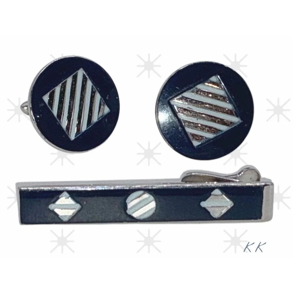 Vintage Swank Navy Blue Silver Cufflinks & Tie Bar Set‎ Mid Century